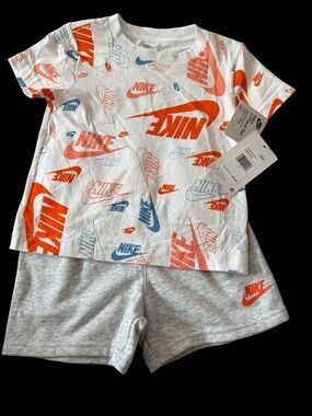 Nike White Tee and Orange-Accent Shorts Set